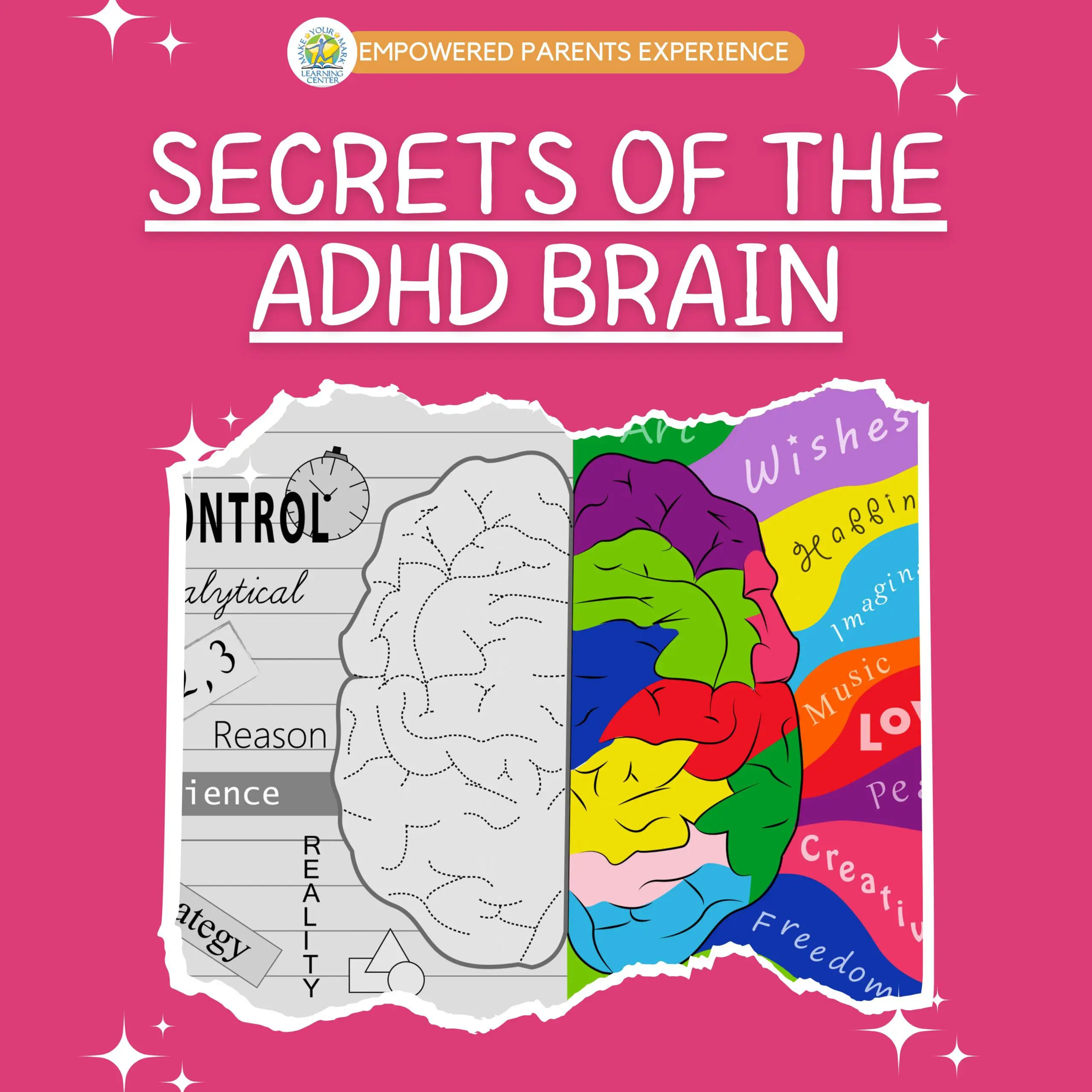 Brain divided into three sections illustrating the secrets of the ADHD brain